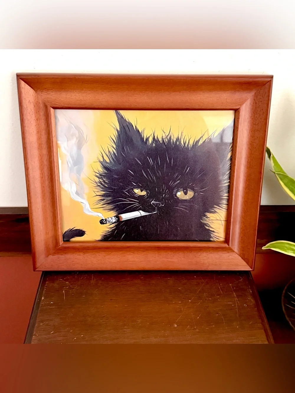 Disheveled Black Cat Smoking a Cigarette Wood Framed Canvas Art Print 11x13”